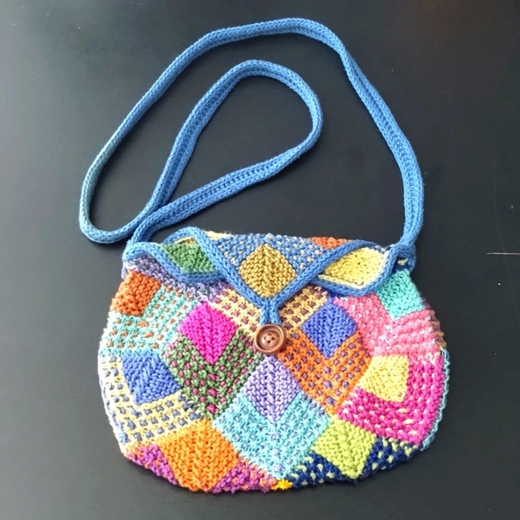 Handmade crochet small crossbody purse multicolor patchwork button closure - Picture 1 of 8